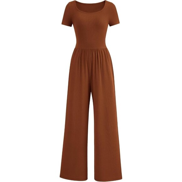 Pants - Women's Brown Summer Short Sleeve Square Neck Wide Leg Rompers Jumpsuits